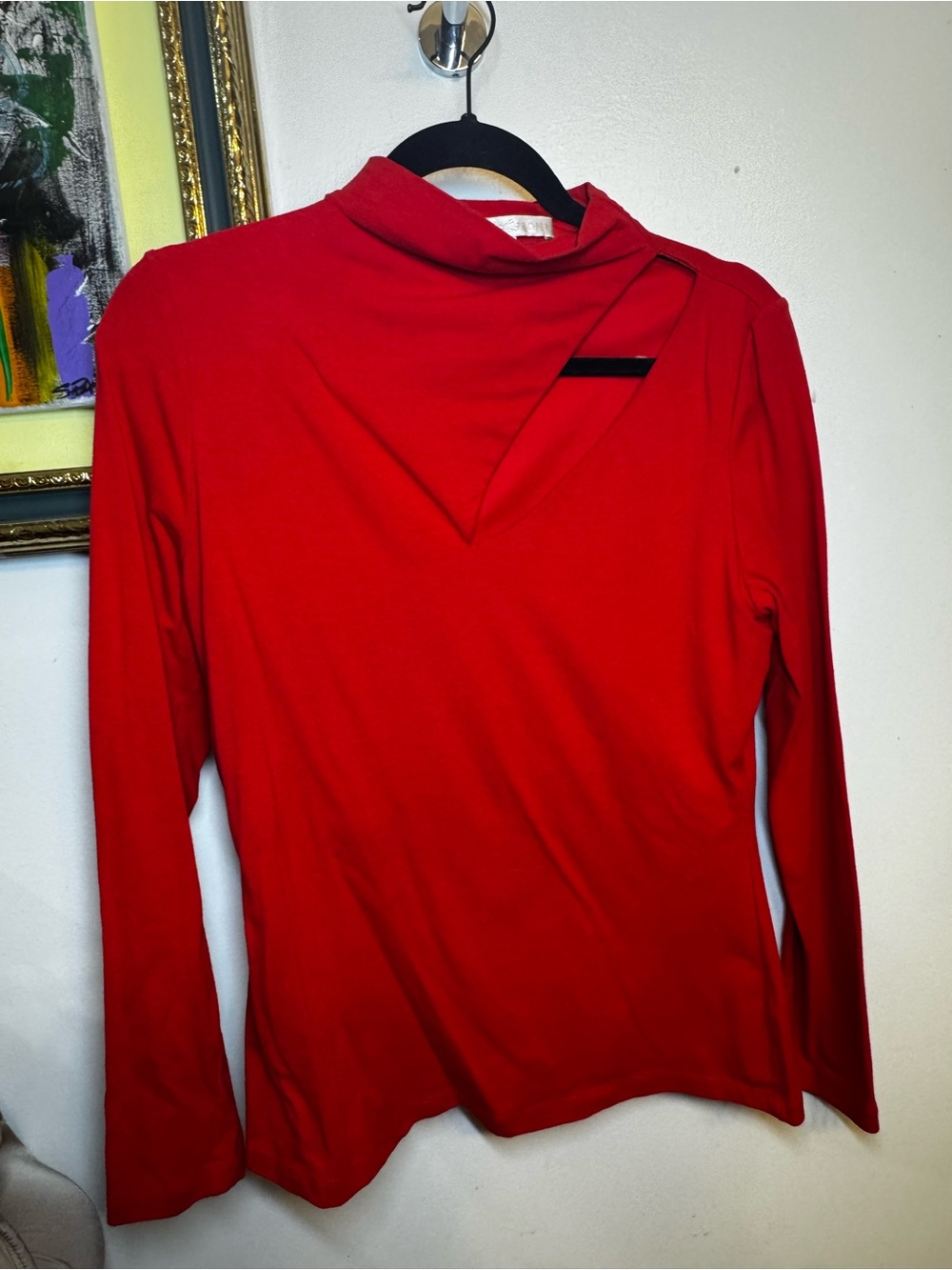 Boston Proper Red Long-Sleeve Top with Asymmetrical Neck Cutout